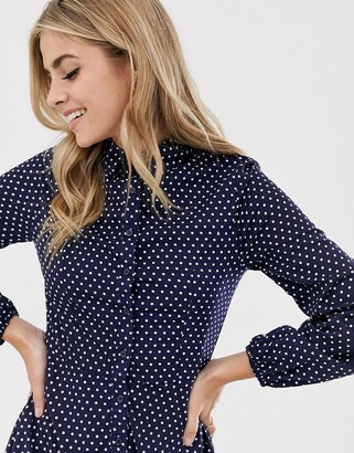 Qed London button through spot print shirt dress in navy and white
