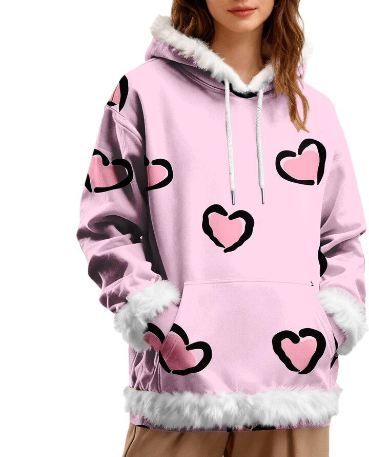 Generic Heevina Hoodies For Women Heart Valentine's Day Pocket Drawstring Fluffy Fuzzy Hem Tops Long Sleeve Ladies Hooded (PK2
