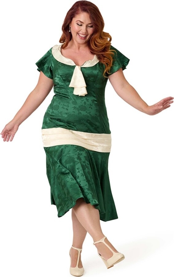 Unique Vintage Plus Size 1920s Wilshire Flapper Day Dress - Green white