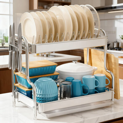 BY Family 2-Tier Stainless Steel Dish Drying Rack With Drain Board, Utensil Holder And Cutting Board Storage - Space Saving Kitchen Counter Dish Drainer