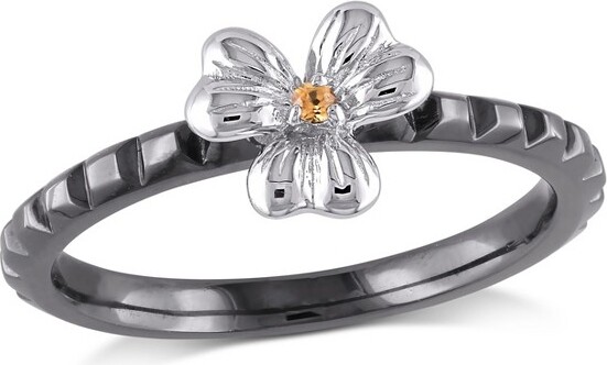 Everly Jewelry EVERLYJEWELRY|SterlingSilverYellowSapphireFloralRidge-styleStackingRingwithBlackRhodiumPlated