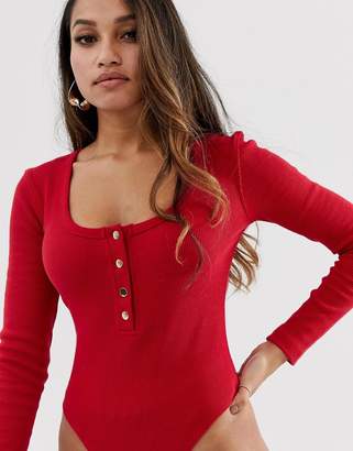 Missguided Petite popper detail ribbed body in red