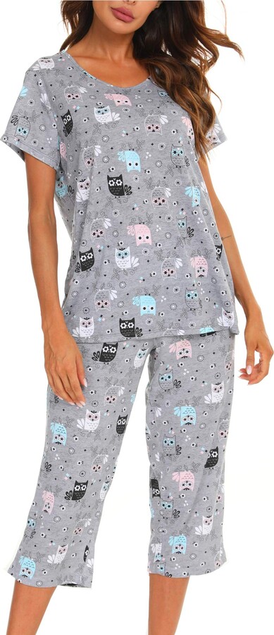 ENJOYNIGHT Women's Pajama Short Sleeve Sets Top with Capri Pants Sleepwear Sets Loungewear 