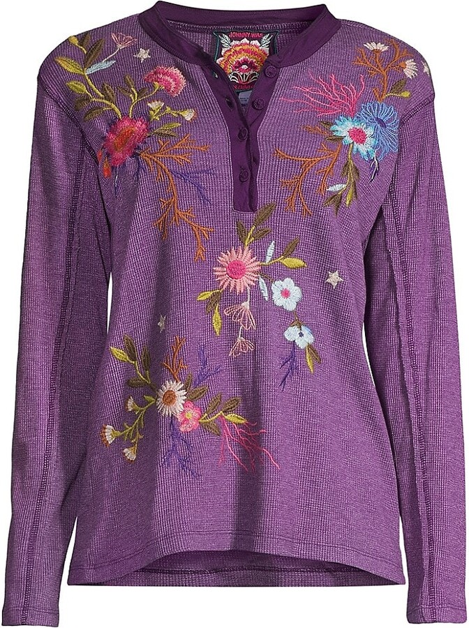 Johnny Was Ulla Embroidered Henley Tee - ShopStyle Tops
