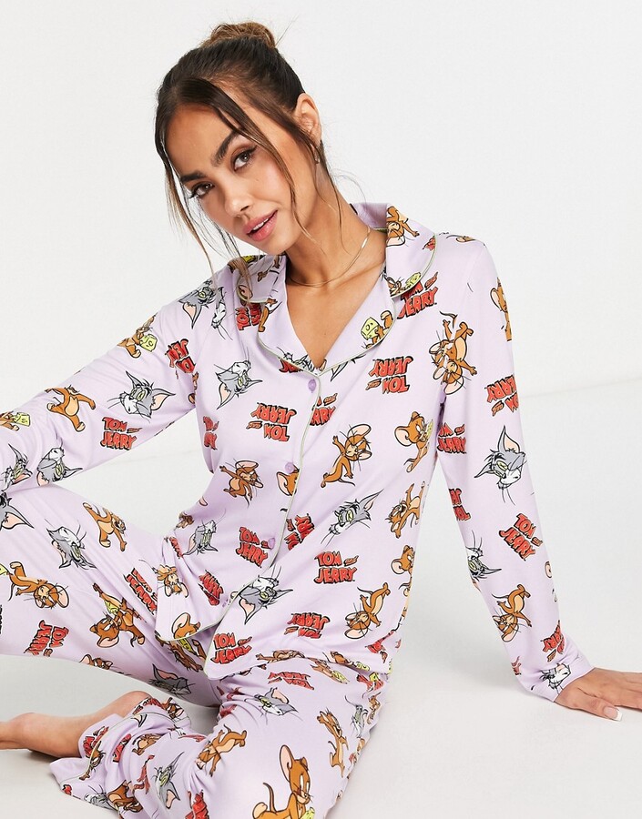 Urban Threads Tom Jerry all over print button through pyjama set