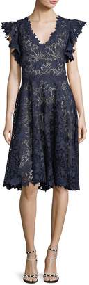 Monique Lhuillier Ruffle-Sleeve Lace Cocktail Dress