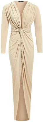 Sarvin Bianca Nude Plunge Front Knot Maxi Dress