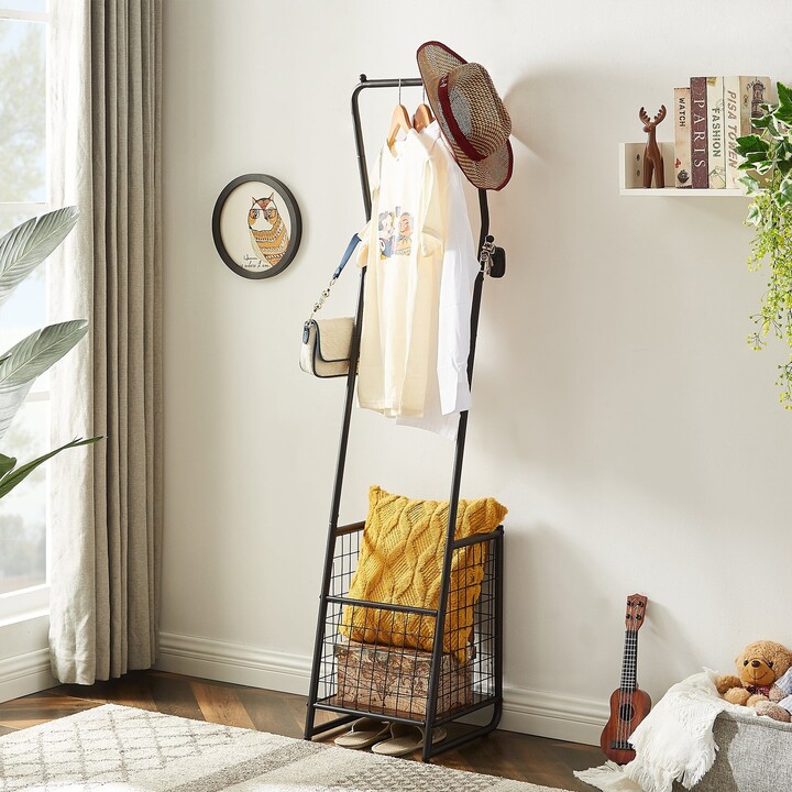 62" Height Coat Rack with Metal Basket, Freestanding Coat Rack with