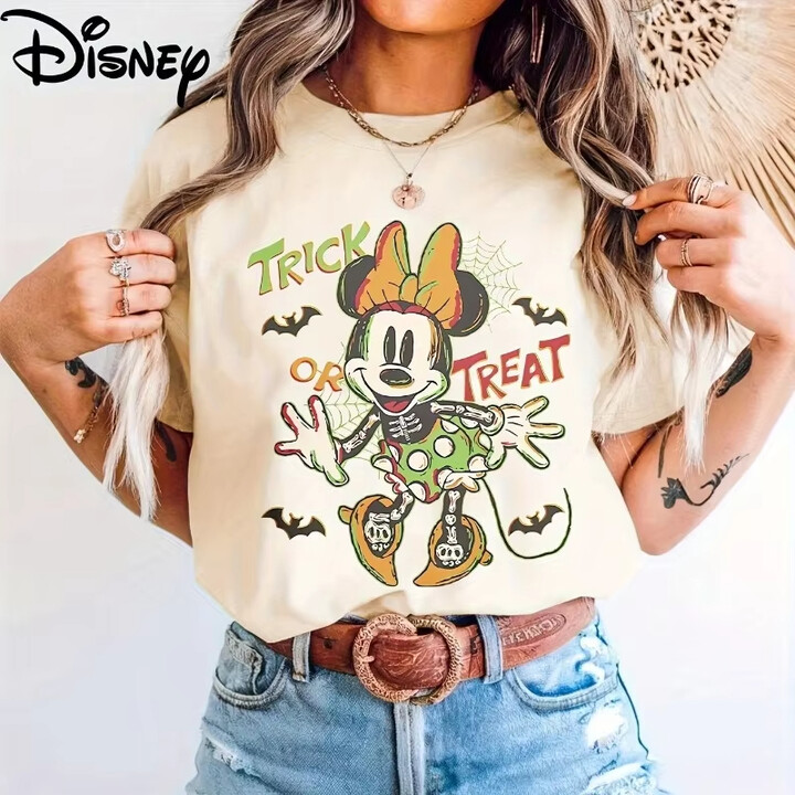 Minnie Mouse 2025 Halloween Horror T-Shirt Summer New Disney Ladies Plus Size Y2K Holiday Gift Loose Casual Short Sleeve Top