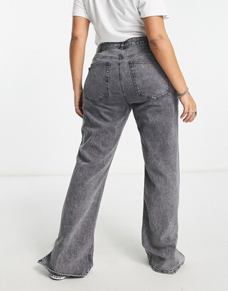 Only Curve high waisted straight leg jeans with split hem in gray acid wash