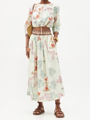 Emporio Sirenuse - New Jane Spring Flowers-print Cotton Midi Skirt - Green Print