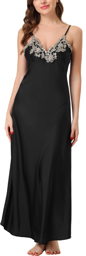 Unique Bargains Womens Satin Sleeveless Nigthgown Lace Sleep Dress Sleepwear Pajama Dress