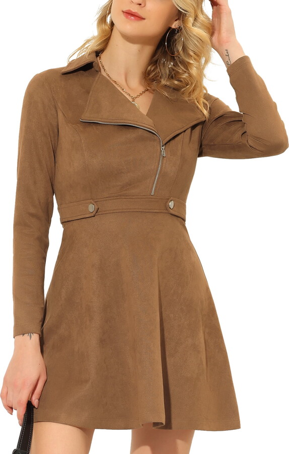 Unique Bargains Women’s Faux Suede Dress Notched Collar Long Sleeve Dresses S Brown