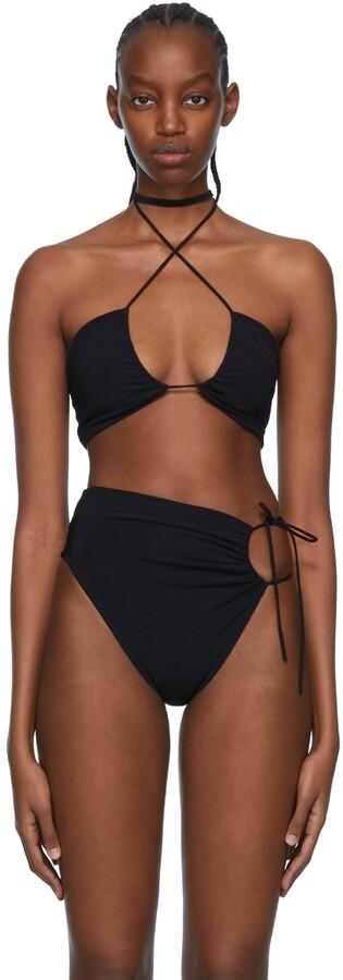 ビキニ MAGDA BUTRYM Black stretch nylon bikini bottom High-waisted flower appliqué swim bottom in black