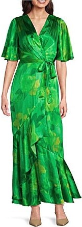 Taylor Printed Satin Crinkle Crepe Surplice V-Neck Short Flutter Self Tie Belt Faux Wrap Maxi Dress