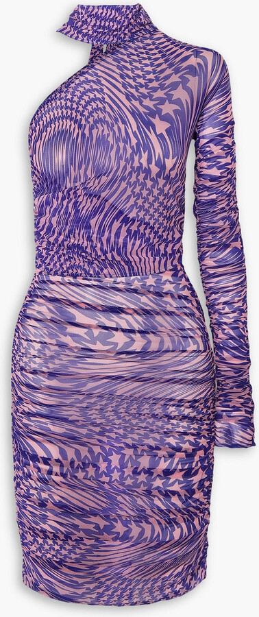 Asymmetric tie-neck printed stretch-tulle dress