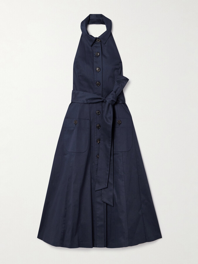 Carolina Herrera Belted Cotton-blend Sateen Halterneck Midi Shirt Dress - Blue