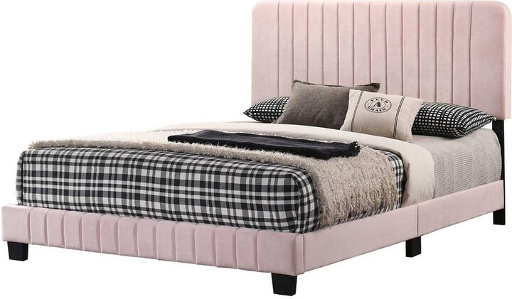AndMakers Lodi Pink Velvet Upholstered Channel Tufted Full Panel Bed