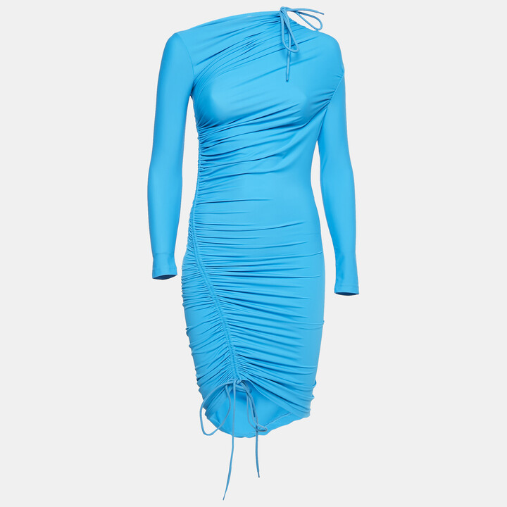 Balenciaga Blue Jersey Ruched Asymmetric Mini Dress S