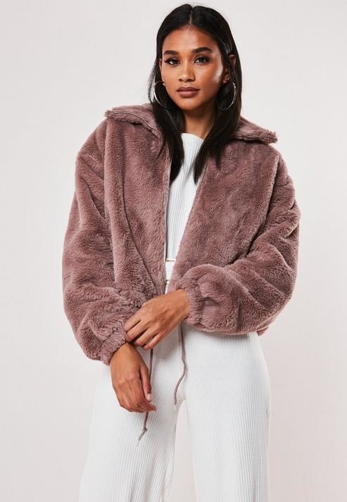 Cropped faux fur bomber jacket clearance
