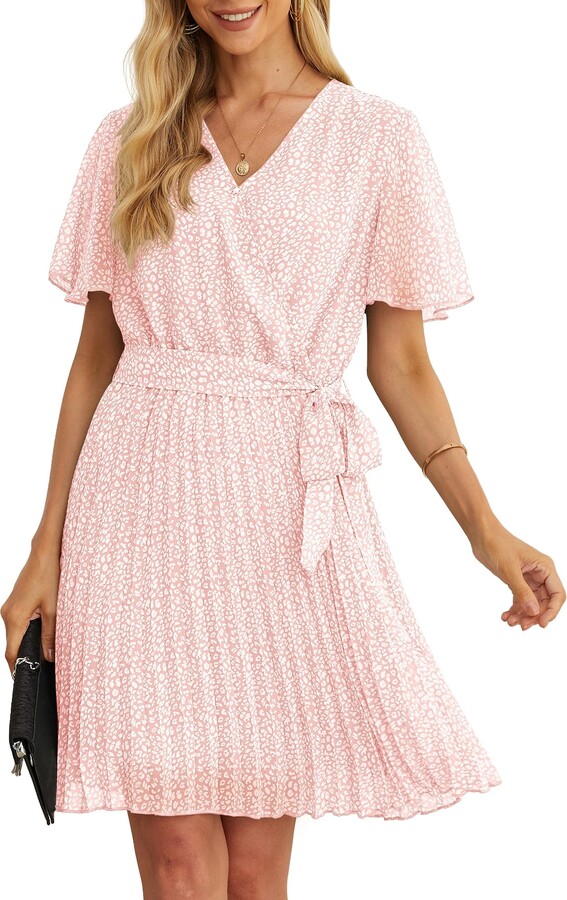 thumbnail image 2 of GRECERELLE Women's Summer Wrap Dress - Chiffon Pleated Tie-Waist Mini Dress For Beach, Wedding Guest, Casual Wear 2 of 13