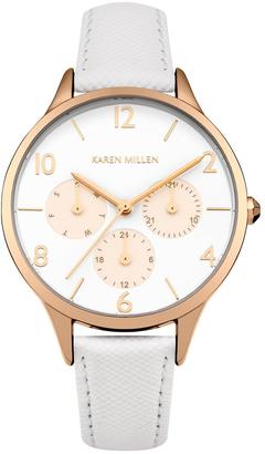 Karen Millen White Matte Dial Rose Gold Sub Dials White Saffiano Leather Strap Ladies Watch
