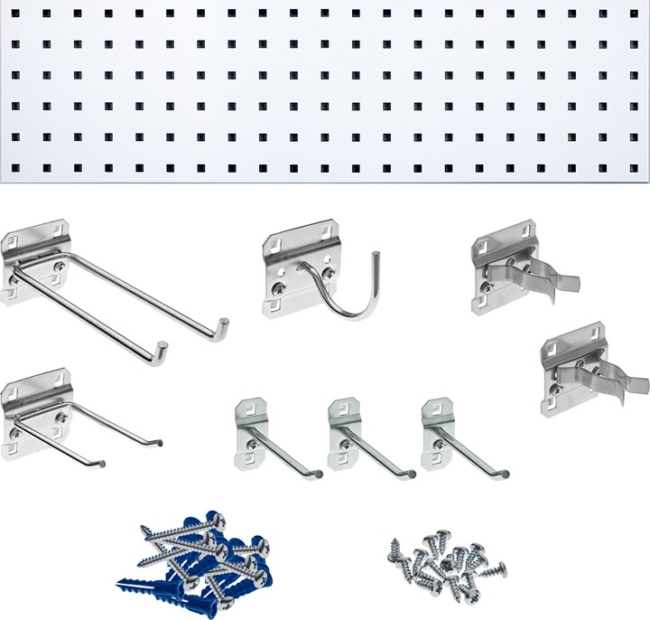 Triton Products White Garden Storage Kit with (1) 31.5 In. x 9 In. 18 Gauge Steel Square Hole Pegboard and 8 pc LocHook Assortment