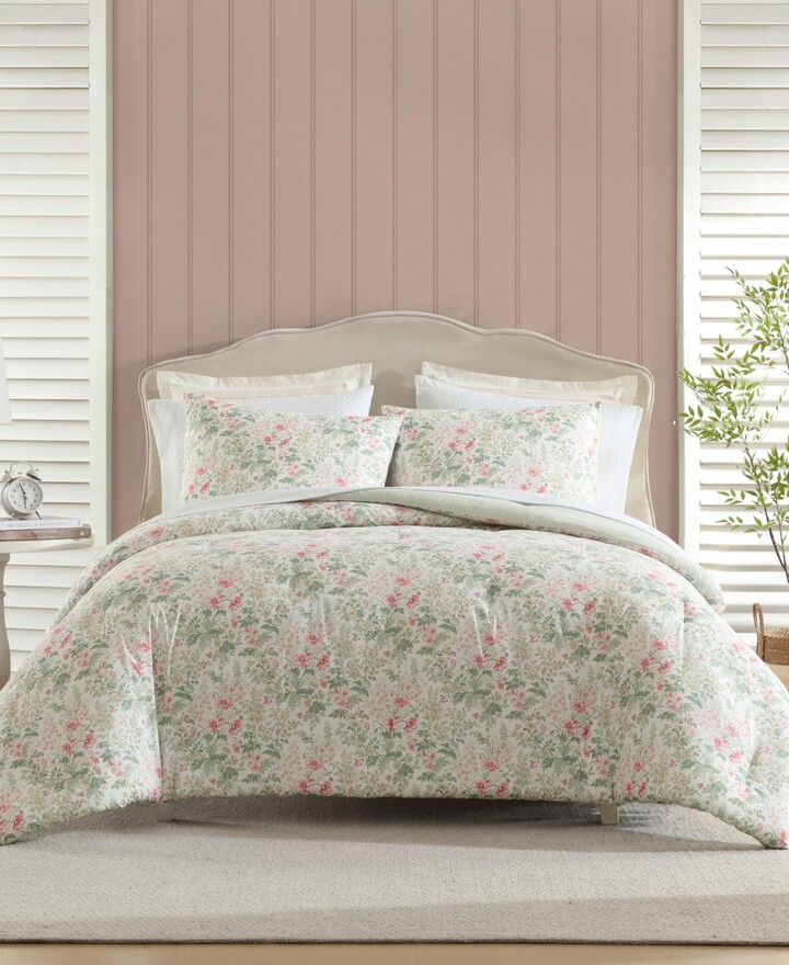 Laura Ashley Arden Floral Washed Microfiber 5-Pc. Comforter Set, Twin Xl - Pink, Sage Green