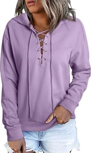 Ladies Lace-Up Cross V-Neck Drawstring Hoodie Drawstring Sweatshirt  Pullover Tops Fashion Long Sleeve Fall Hooded