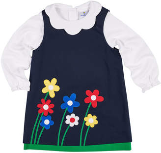 Florence Eiseman Twill Flower Appliqué Dress w/ Scallop-Collar Top, Size 2-6X