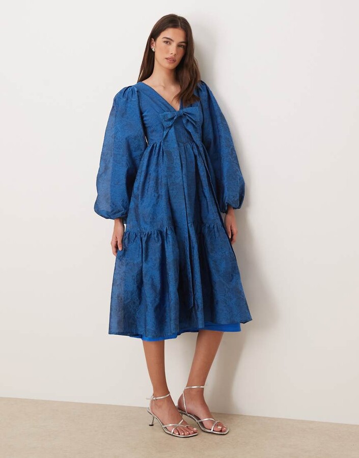 Sister Jane Sunrise exclusive jacquard balloon sleeve v-neck bow detail midi dress in blue