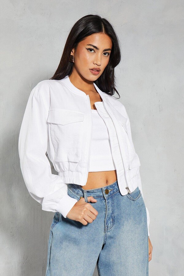 MISSPAP Linen Look Pocket Detail Bomber Jacket White ShopStyle