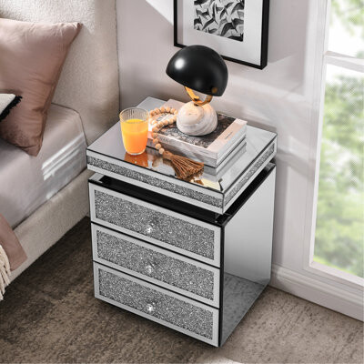 Latitude Run 3 Drawers Mirrored Nightstand Silver Modern Bedroom Side Table With Crystal Inlay 13.8\