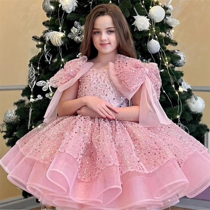 Evebridal Kids Princess Sequin Tulle Bow Flower Girl Dress Children First Communion Dress Ball Gown Wedding Party Dress Birthday Show