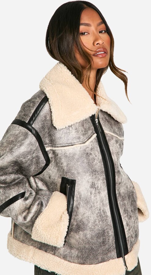 【 VINTAGE 】 Teddy Jacket boohoo Vintage Look Teddy Trim Aviator Jacket - ShopStyle