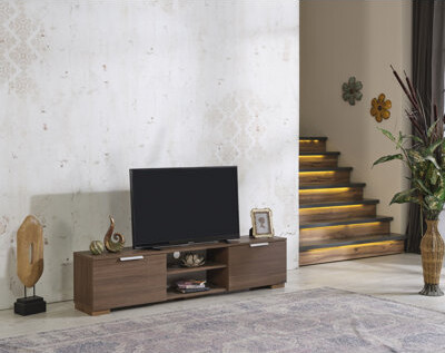 Latitude Run FurnisHome Store April Mid Century Modern Tv Stand 2 Door Cabinets 2 Shelves 66 inch Tv Unit, Walnut