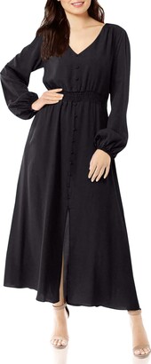 MIAMINE Women's Long Sleeve Maxi Dress Casual Solid Elegant Slit V Neck Empire Waist Spring Fall Dresses with Pockets (Navy