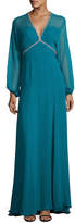 Thumbnail for your product : Jenny Packham Beaded-Trim Slit-Sleeve V-Neck Gown, Emerald