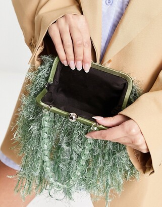 ASOS DESIGN faux feather clutch bag with resin handle in sage