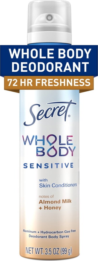 Secret Whole Body Deodorant Spray for Women, Almond Milk & Honey Scent, Aluminum Free Deodorant, 72 HR Odor Protection, 3.5oz