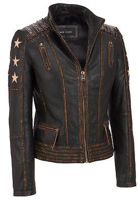 Black Rivet Womens Distressed Stars And Stripes Center Zip Leather Jacket
