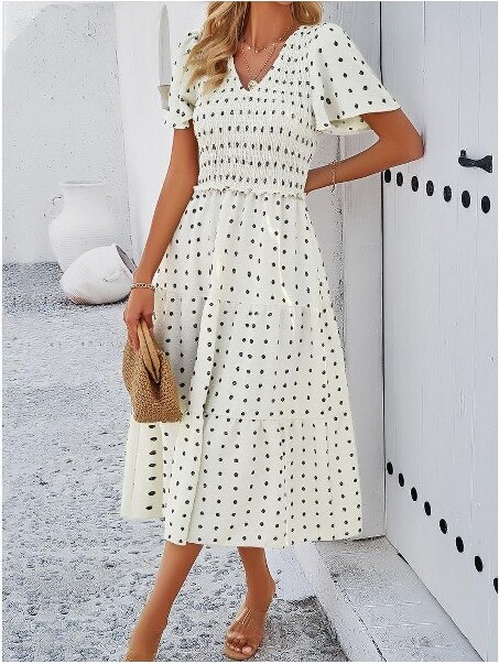 ClearFlower Women'sSmockedVNeckShortSleeveDressCasualStretchySummerSundressComfortableLooseFitBeigeL