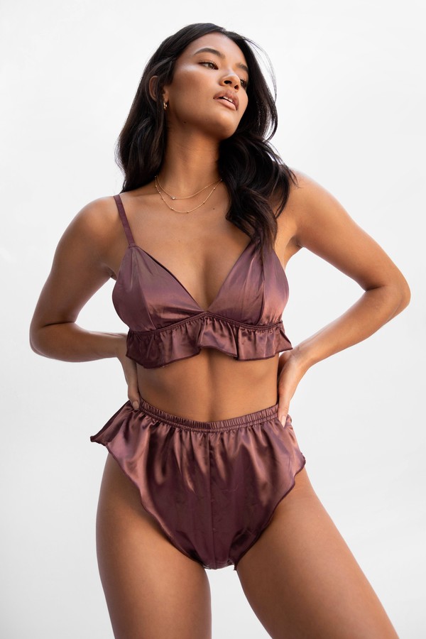 Nasty Gal Womens Love Affair Satin Ruffle Bralette and Panty Set -  Chocolate - ShopStyle Bras