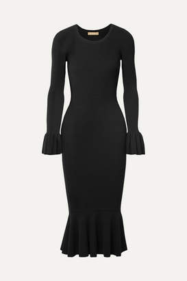 Michael Kors Collection Ruffle-trimmed Ribbed Stretch-knit Midi Dress