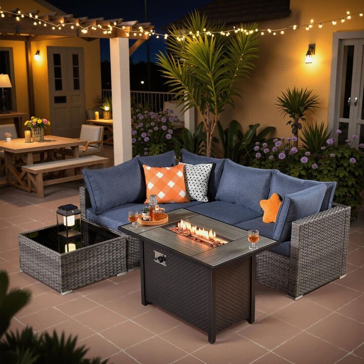 Caodoc Elora Gray 6‑Piece Wicker Outdoor Sectional Set with Fire Pit, Denim Blue Cushion & Coffee Table for Patio, Yard, Deck
