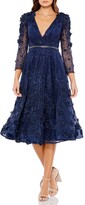 Thumbnail for your product : Mac Duggal Floral Applique 3/4-Sleeve Lace Midi Dress