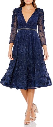 Mac Duggal Floral Applique 3/4-Sleeve Lace Midi Dress