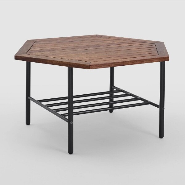 Saybrook Modern Metal and Wood Patio Hexagon Coffee Table Dark Brown