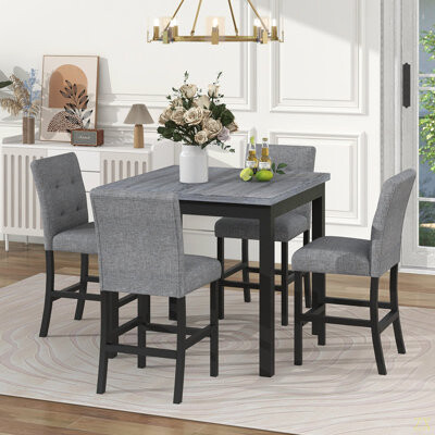 Lark Manor 5-Piece Counter Height Dining Set Wood Square Dining Room Table And Chairs Stools W/Footrest & 4 Upholstered High-Back Chairs