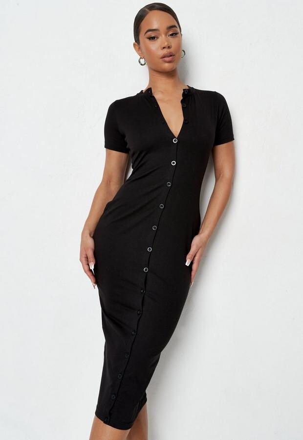 Missguided Black Short Sleeve Button Down Midi Dress - ShopStyle